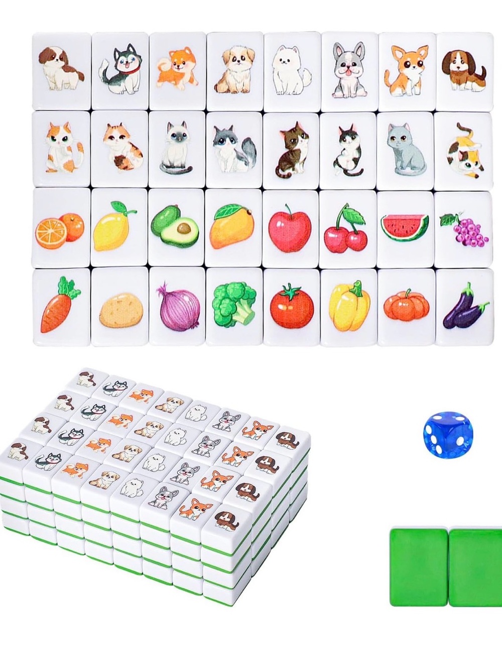 GRACIAS 4 Players Mahjong Block Set, 128 Green Tiles(1.18”) with Animal and Food